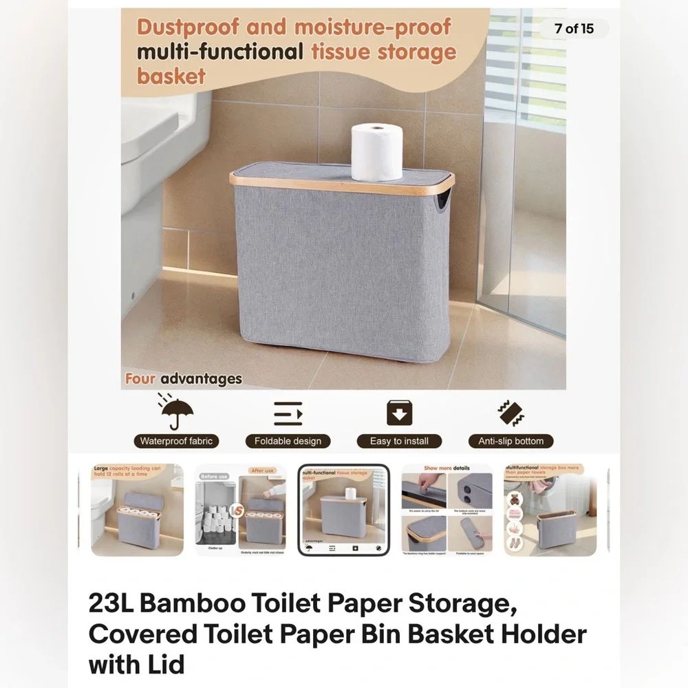 23L Bamboo Toilet Paper Storage, Covered Toilet Paper Bin Basket Holder with Lid